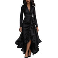 Satin V-Neck Ruffle Long Sleeve Wrap Dress – Formal Cocktail & Wedding Guest Dress