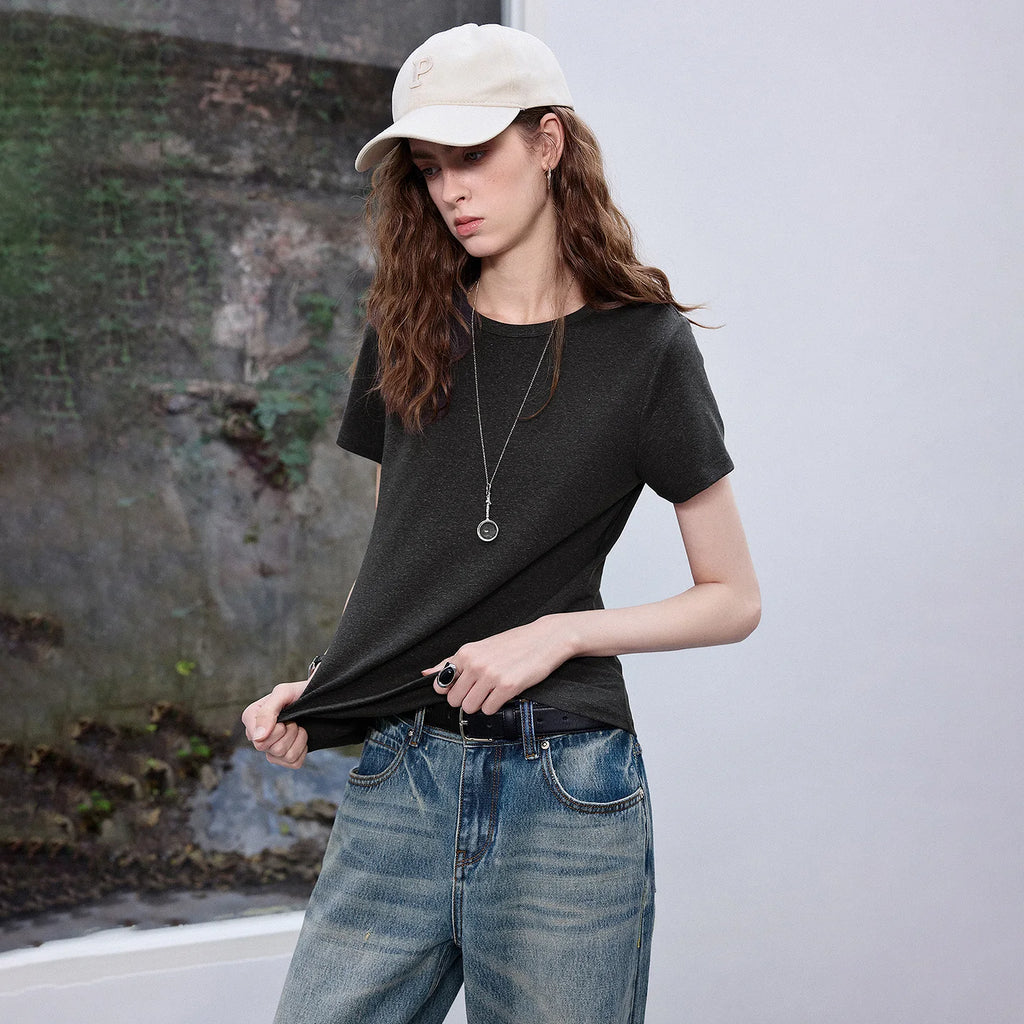 Women's Lyocell Linen Slim Fit Short Sleeve Top | Sequin Detail Cool Versatile Tee