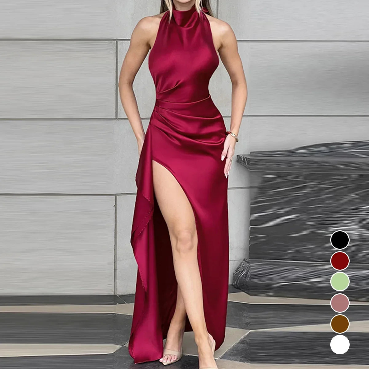 Ruched Backless Bodycon Maxi Dress – Round Neck Sexy Split Long Dress