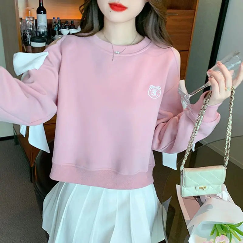 Women's Off-Shoulder Pullover Sweatshirt – Korean Harajuku Style | Pink & Blue