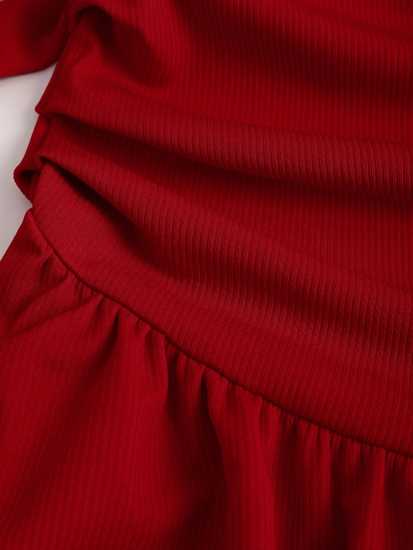 Red one shoulder bow adorned ruched short dress,Red asymmetrical strap bow slim fit dress,Red one shoulder ruffled mini dress