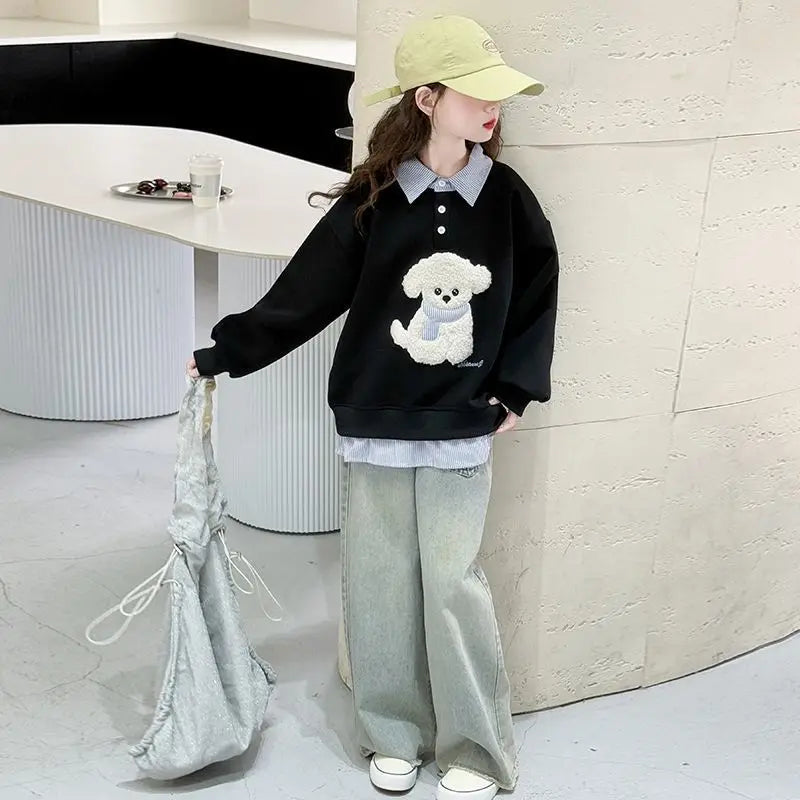 Girls Faux Two-Piece Polo Hoodie – Cartoon Puppy Sweatshirt | Sizes 120–170cm
