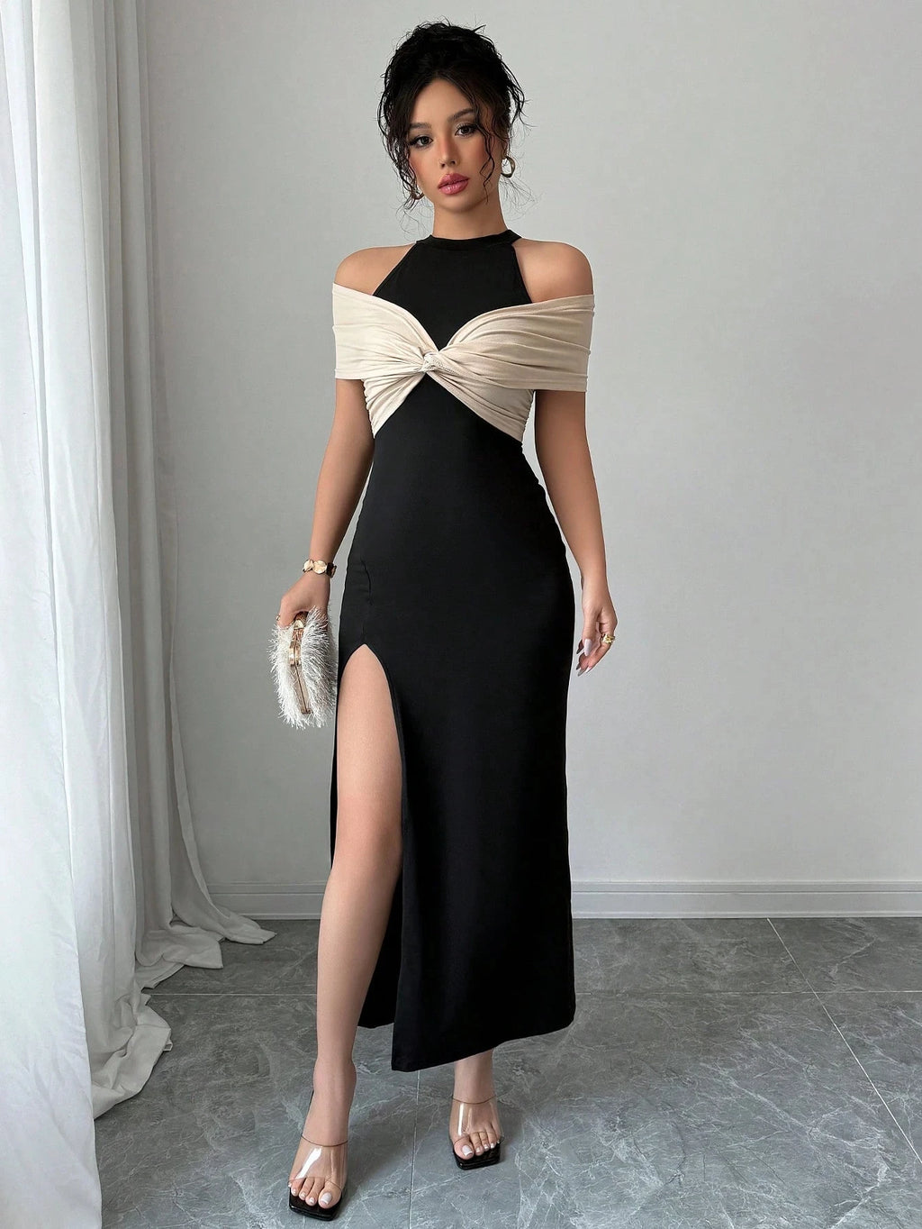 Halter Maxi Dress – Off Shoulder Twist Knot High Slit Bodycon Party Dress