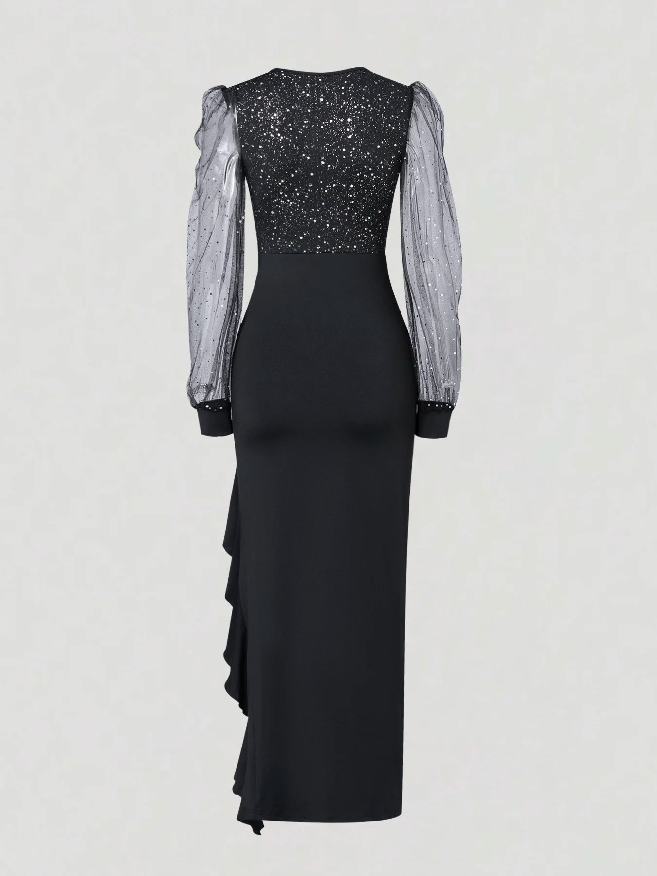 Black Sequin Mermaid Evening Gown – V-Neck Puff Sleeve Sheer Mesh Ruffle Slit Dress