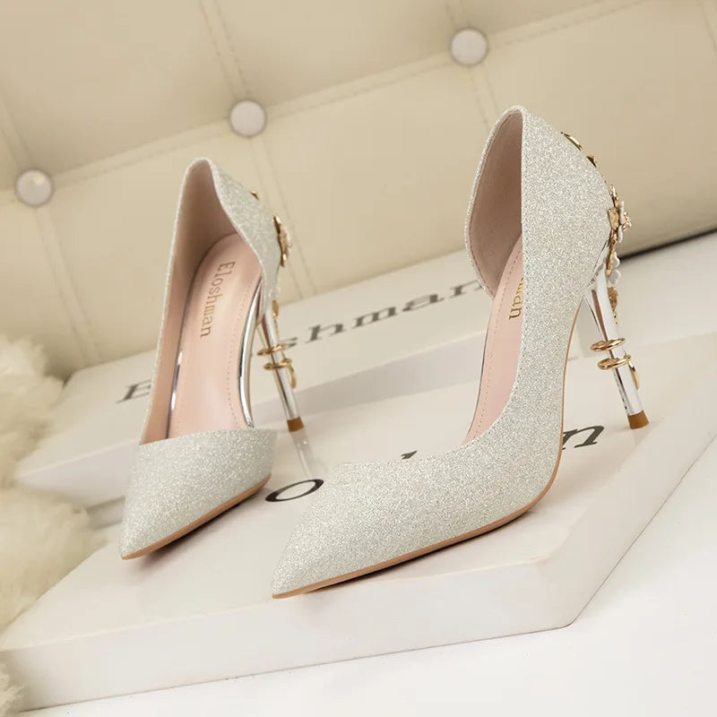 Women's Sequin Metal Flower Stiletto Pumps – Shiny Wedding High Heels