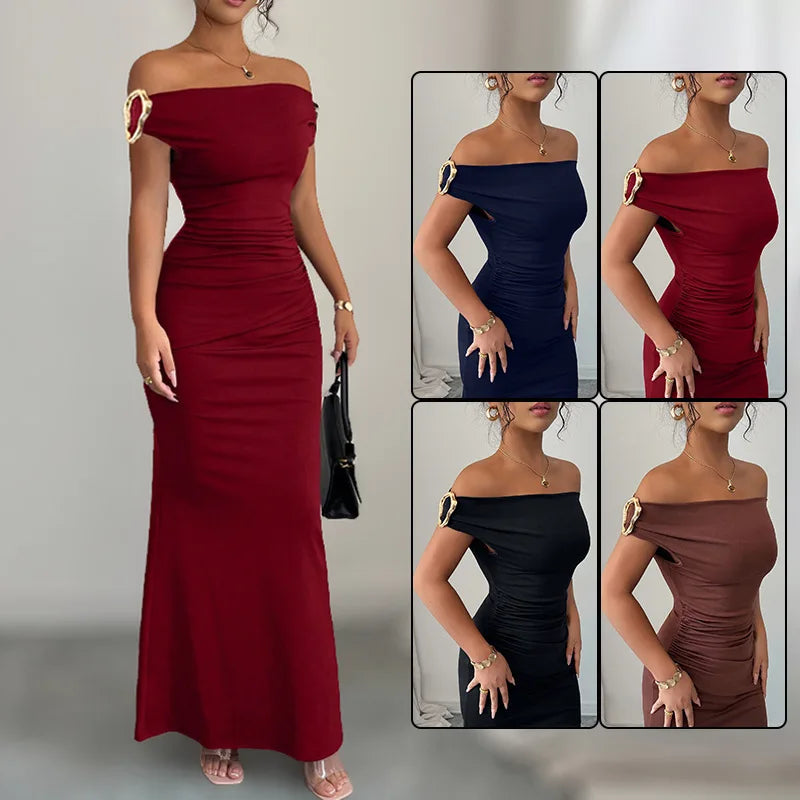 Off-Shoulder Boat Neck Evening Gown – Elegant Ankle-Length Dress for Women