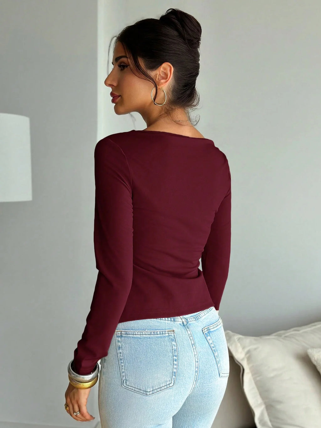 Solid Color Long Sleeve Top | Women's Elegant Asymmetric Hem Casual T-Shirt
