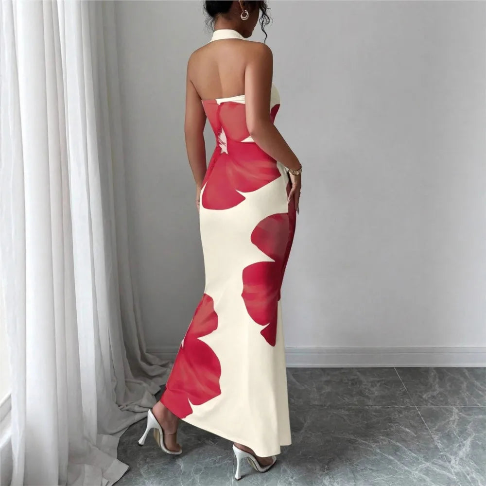 Halter Neck Printed Bodycon Dress – Sexy French Style Wedding Guest Midi Dress