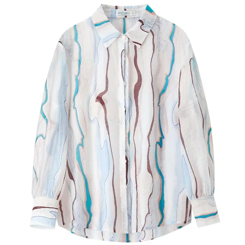 Women's Sheer Printed Chiffon Blouse | Long Sleeve Office Lady Top