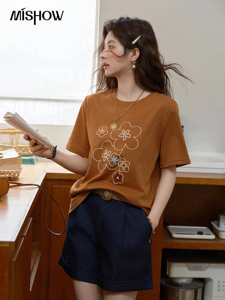 Women's Floral Print Drop-Shoulder Short Sleeve Top | Casual Versatile O-Neck Tee