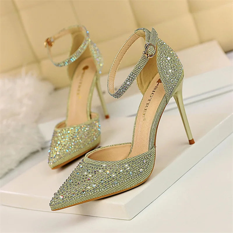 Women's Crystal Rhinestone Stiletto Sandals – Champagne Gold Wedding Heels