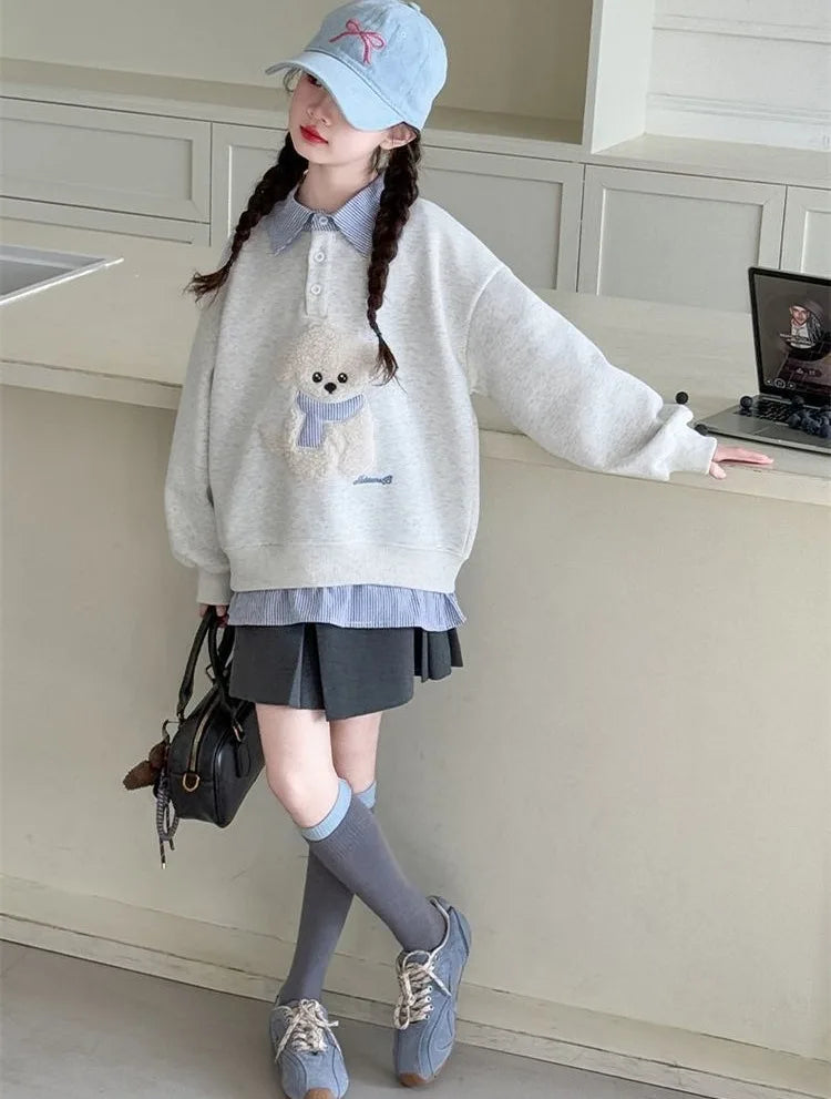 Girls Faux Two-Piece Polo Hoodie – Cartoon Puppy Sweatshirt | Sizes 120–170cm