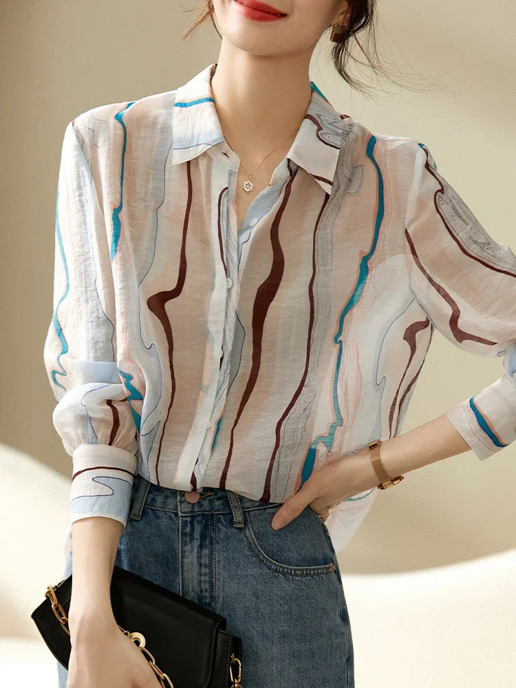 Women's Sheer Printed Chiffon Blouse | Long Sleeve Office Lady Top