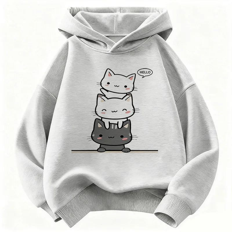 Kids Hello Kawaii Cat & Flower Hoodie – Cute Graphic Sweatshirt for Boys & Girls | Sizes 110–160