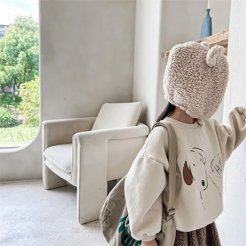 Kids Fleece-Lined Dog Print Sweatshirt – Warm Cotton Pullover for Boys & Girls | Ages 1–6