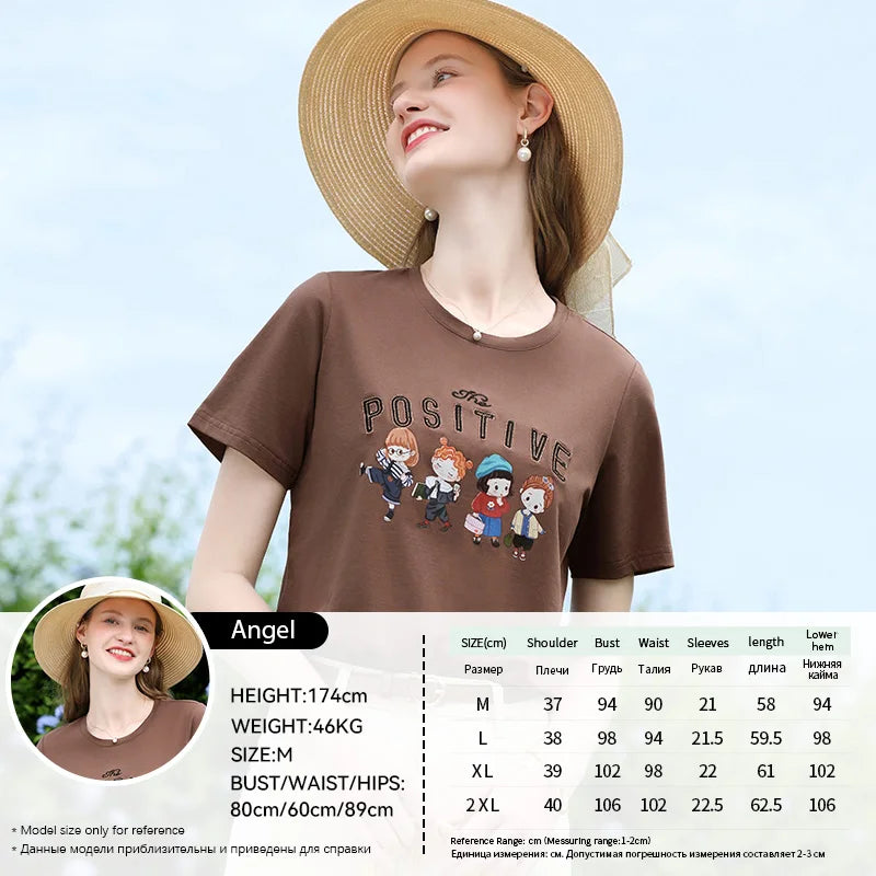 Women's Letter Embroidery Cotton T-Shirt | Casual Cool Short Sleeve Cartoon Print Top