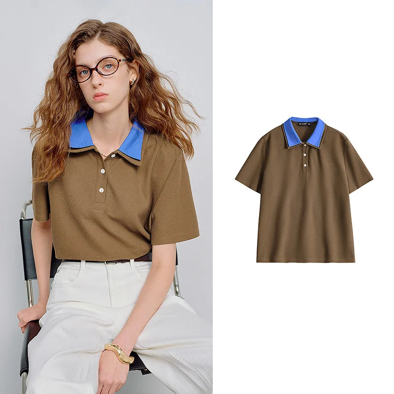 Women's Piqué Cotton Polo Top | Double Collar Niche Design Loose Short Sleeve Tee