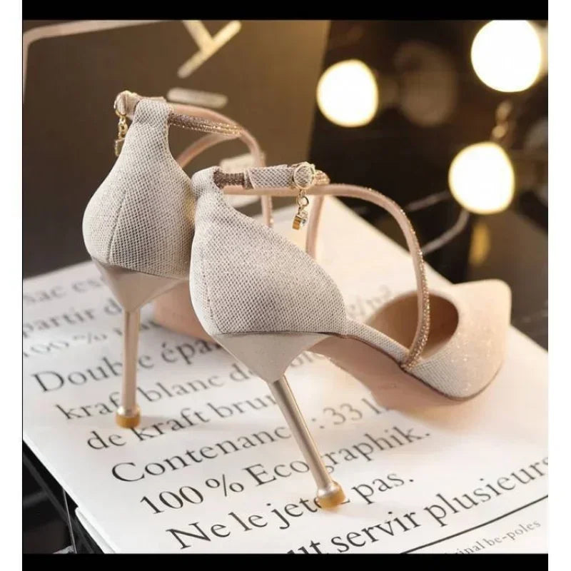 Women's Glitter Sequin Wedding Pumps – Pearl Strap Pointed Toe High Heels