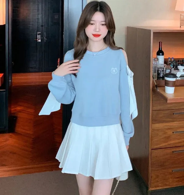 Women's Off-Shoulder Pullover Sweatshirt – Korean Harajuku Style | Pink & Blue