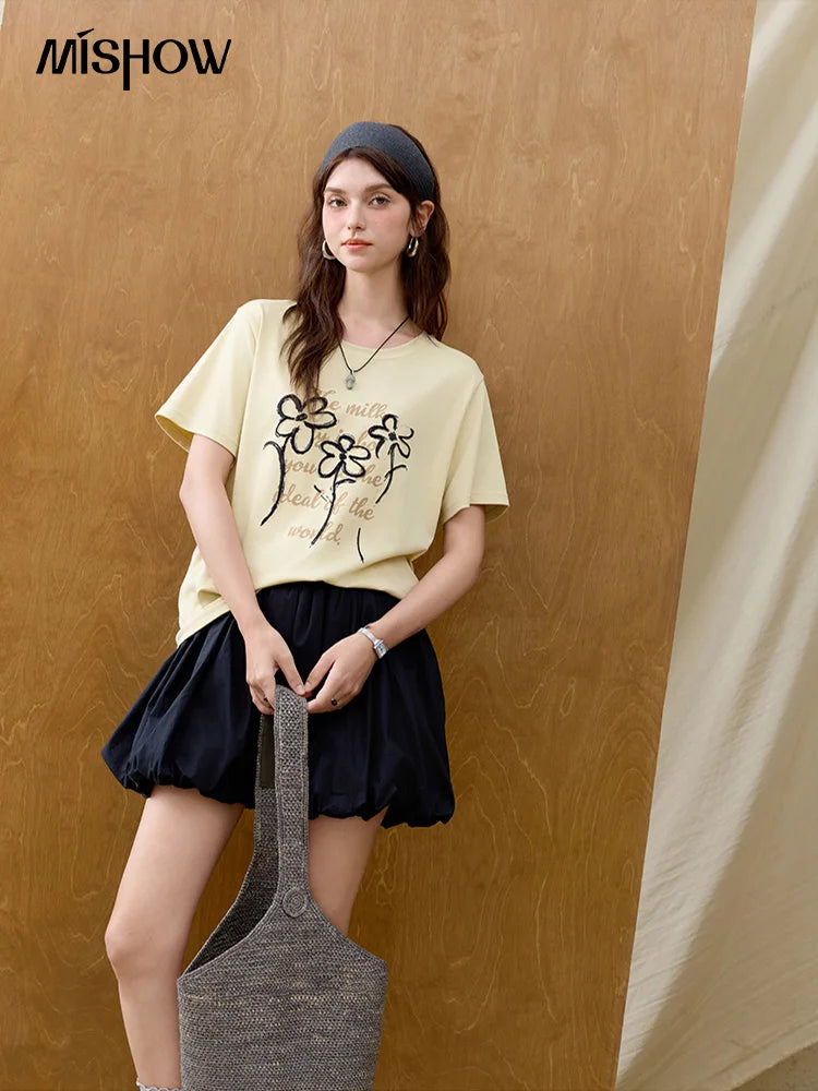 Women's Embroidered Flower Short Sleeve Top | Casual Loose Slimming Round Neck Tee