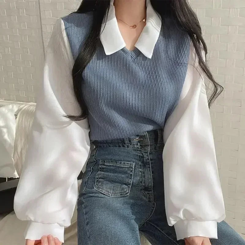 Women's Korean Y2K Polo Collar Blouse – Fake Two-Piece Casual Pullover Top