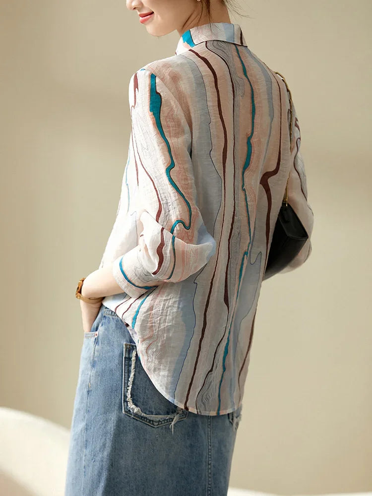 Women's Sheer Printed Chiffon Blouse | Long Sleeve Office Lady Top