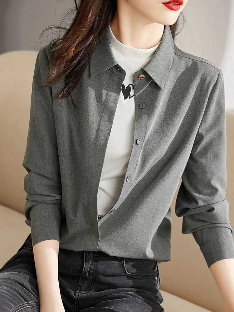 Women's Solid Long-Sleeve Office Blouse | Turn-Down Collar Regular Fit Shirt