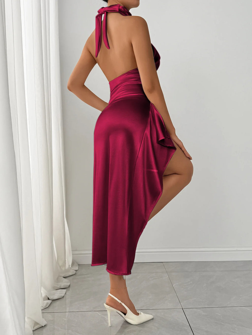 Ruched Backless Bodycon Maxi Dress – Round Neck Sexy Split Long Dress
