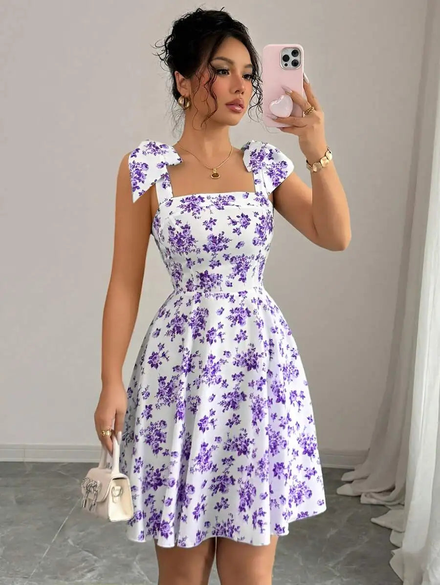 Ditsy Floral A-Line Dress – Shoulder Tie Bow Waisted Mini Summer Dress