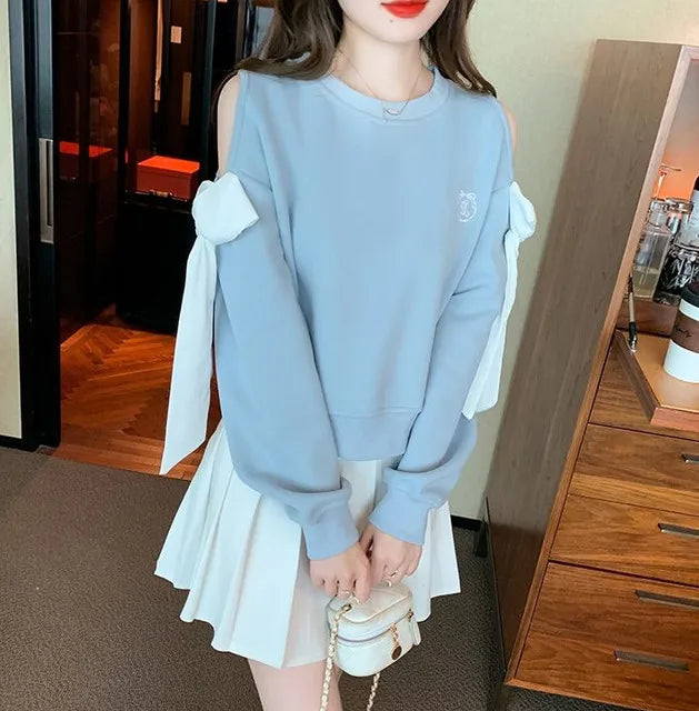 Women's Off-Shoulder Pullover Sweatshirt – Korean Harajuku Style | Pink & Blue
