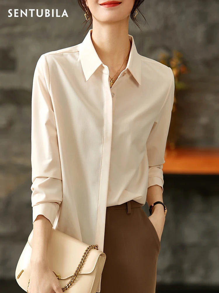 Women's Solid Long-Sleeve Office Blouse | Turn-Down Collar Regular Fit Shirt