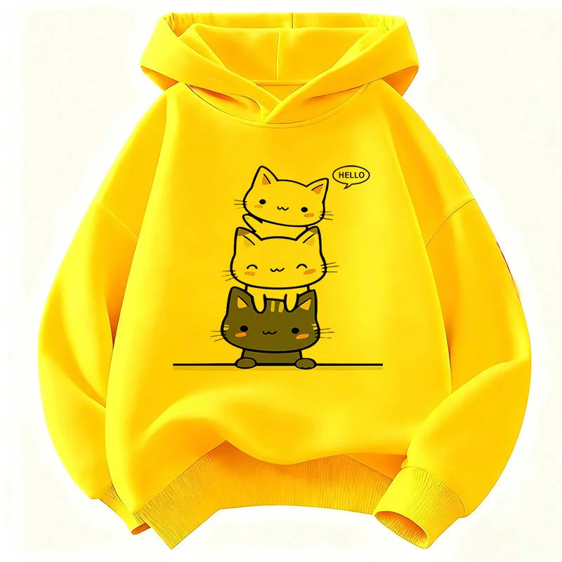 Kids Hello Kawaii Cat & Flower Hoodie – Cute Graphic Sweatshirt for Boys & Girls | Sizes 110–160