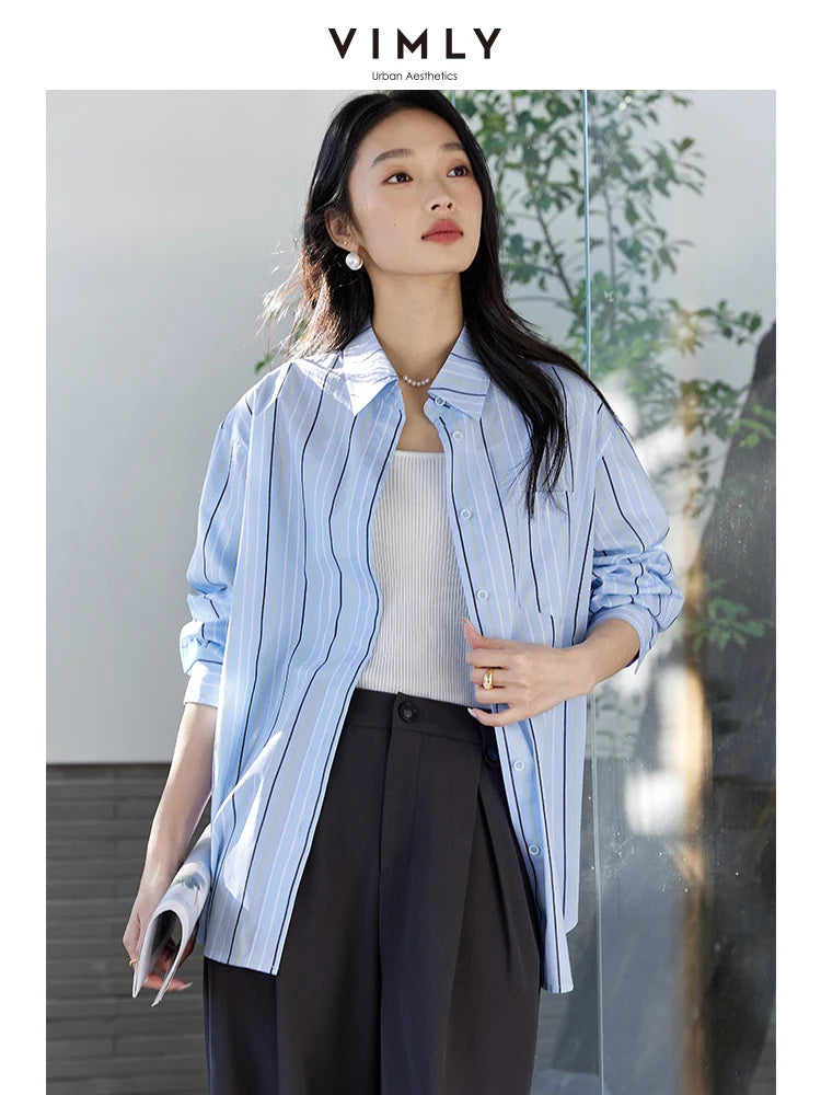 Women's 100% Cotton Striped Blouse | Loose Fit Drop-Shoulder Long Sleeve Top