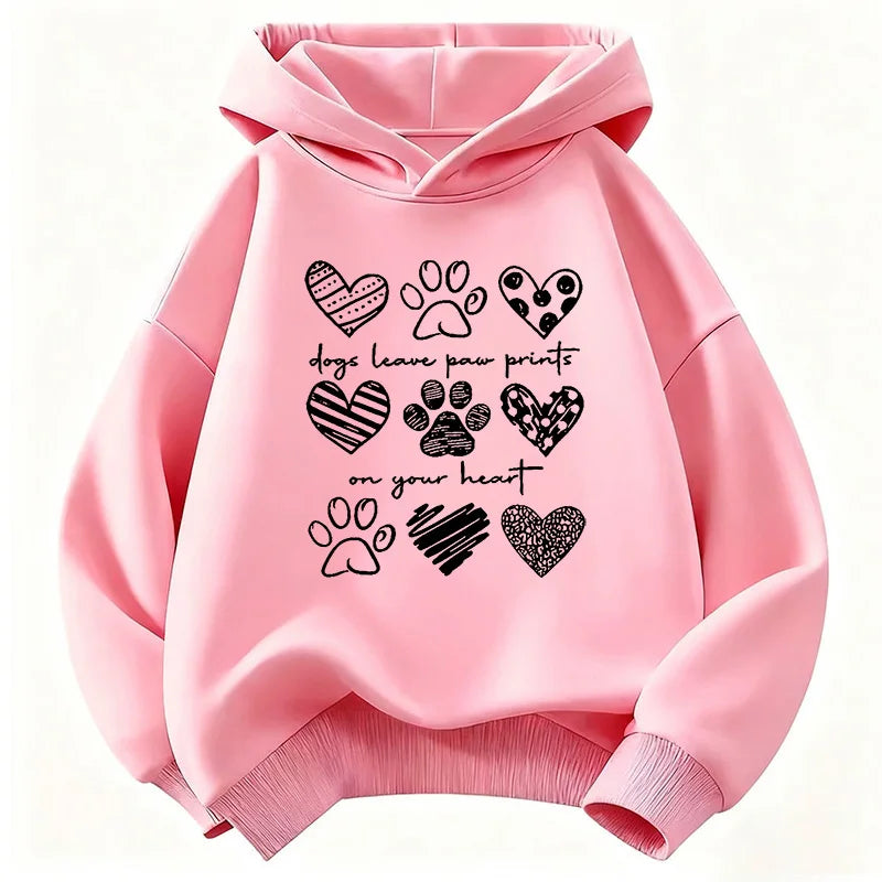 Kids Dog Paw & Heart Hoodie – Kawaii Graphic Sweatshirt for Boys & Girls