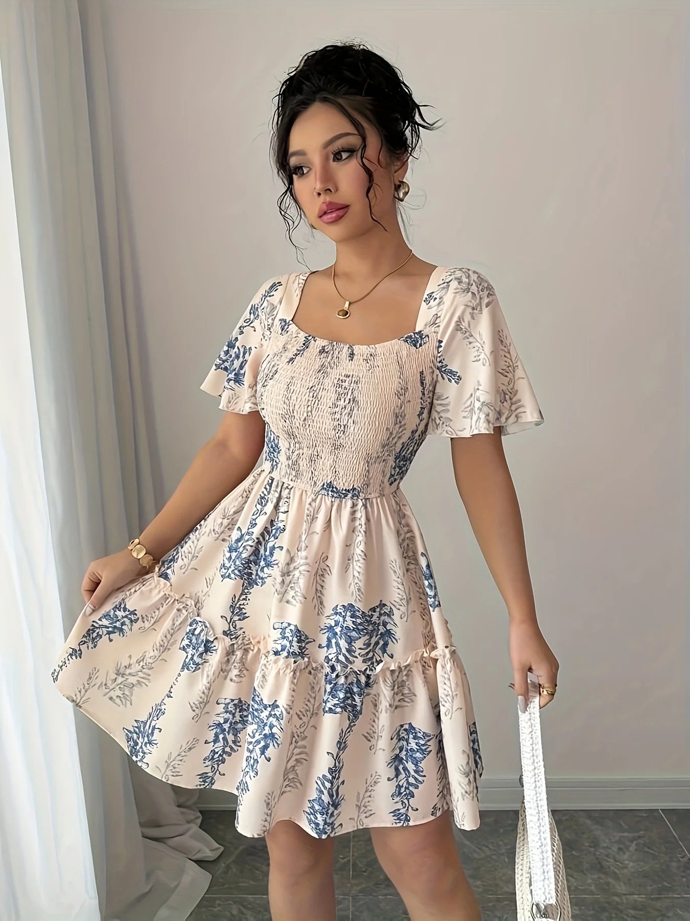 Elegant Lady Square Collar Short Sleeve Maxi Skirt Summer Holiday Date Mini Dress Women's Fashion Casual Dresses
