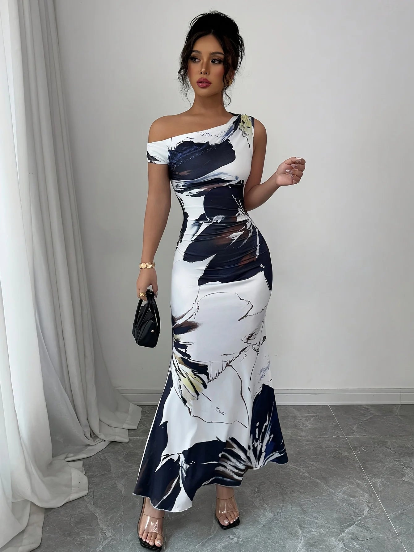 Floral Print Asymmetrical Neck Fishtail Dress – Elegant Women's Gown