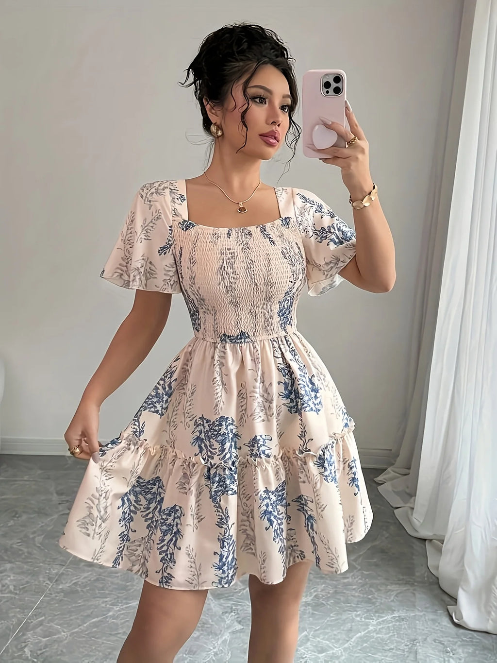 Elegant Lady Square Collar Short Sleeve Maxi Skirt Summer Holiday Date Mini Dress Women's Fashion Casual Dresses