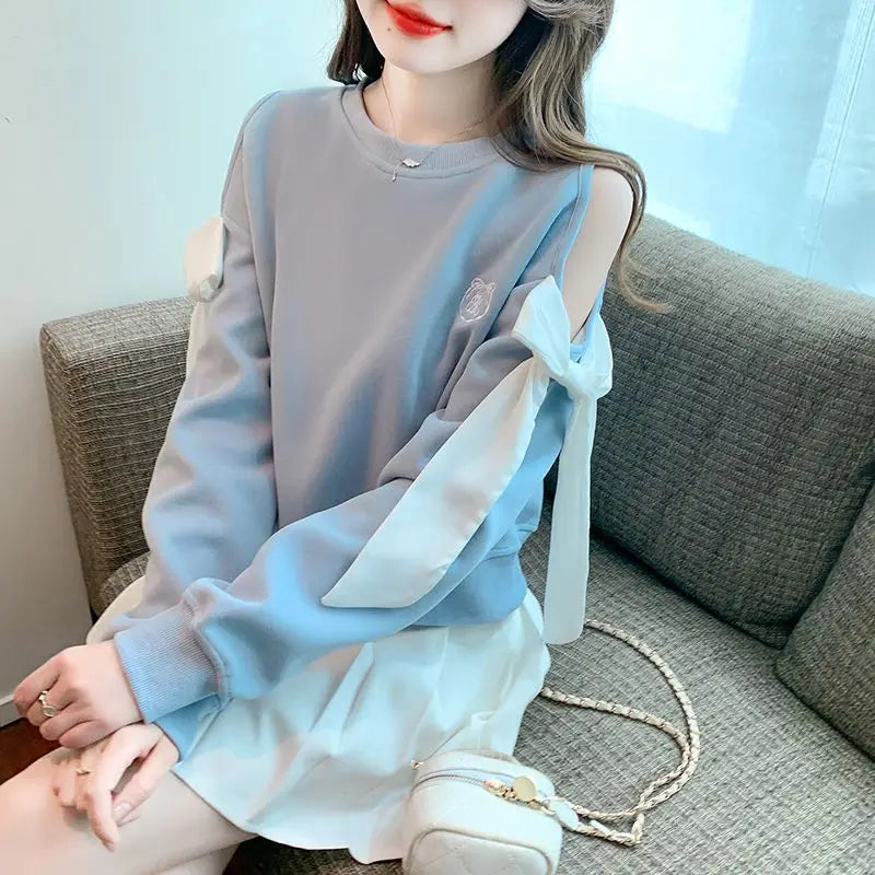Women's Off-Shoulder Pullover Sweatshirt – Korean Harajuku Style | Pink & Blue