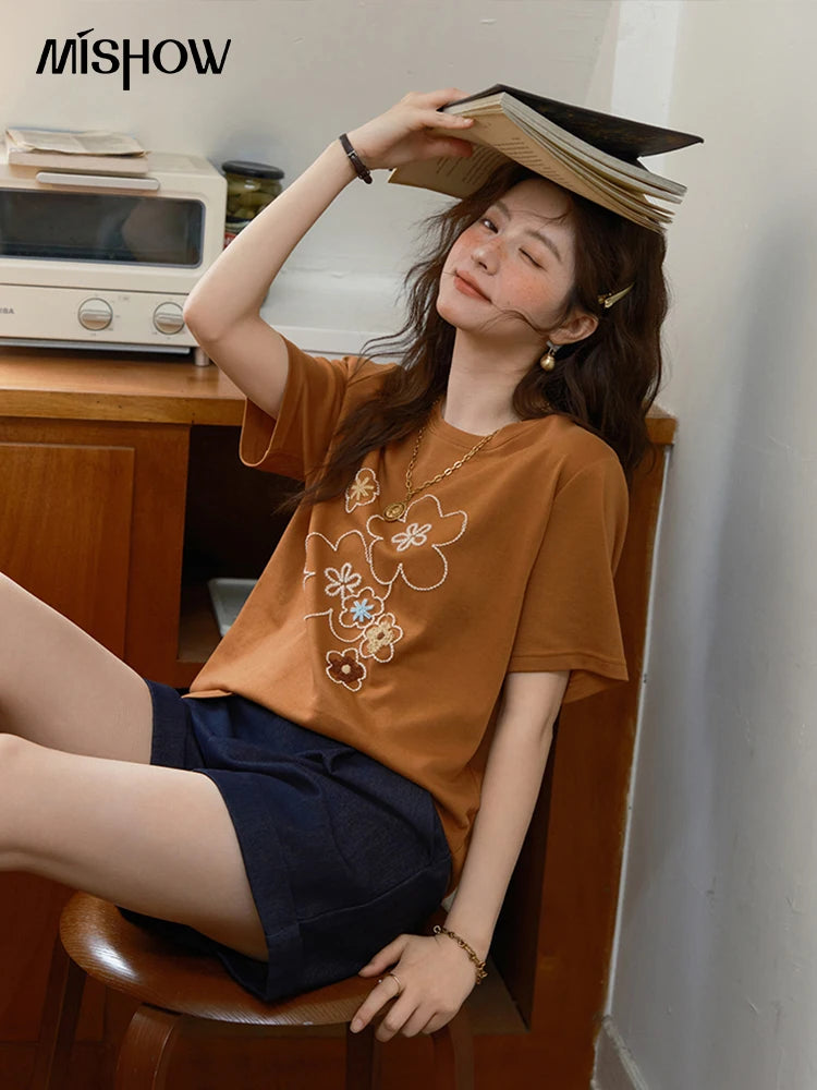 Women's Floral Print Drop-Shoulder Short Sleeve Top | Casual Versatile O-Neck Tee