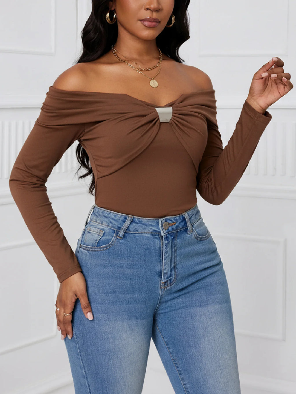 Women's Off Shoulder Long Sleeve Top | Brown Elegant Casual Blouse