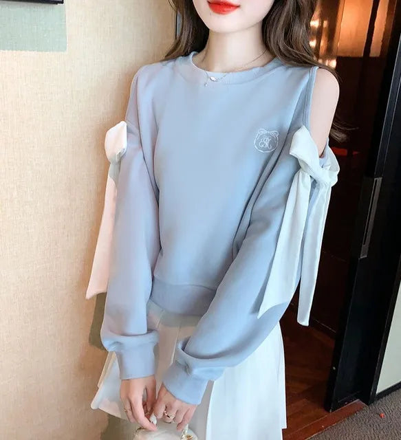 Women's Off-Shoulder Pullover Sweatshirt – Korean Harajuku Style | Pink & Blue