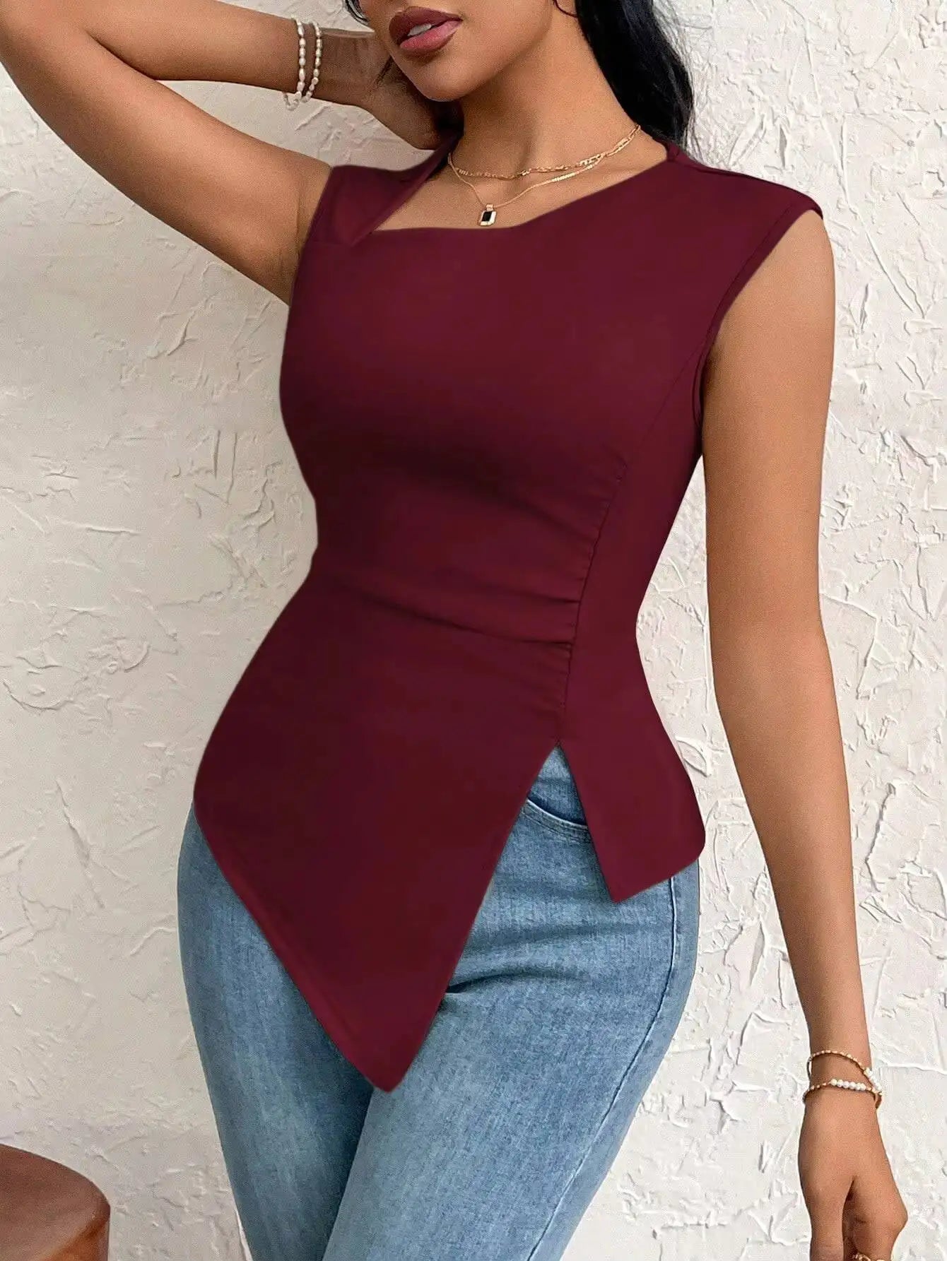 Burgundy Sleeveless Ruched Top | Asymmetric Hem One-Shoulder Women's Blouse