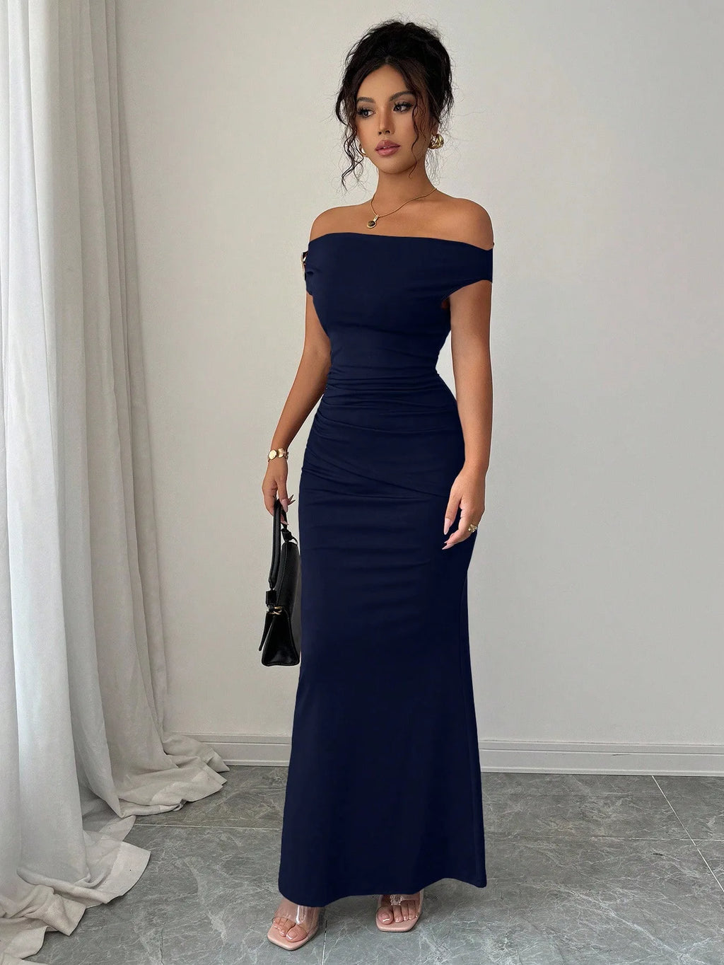 Off-Shoulder Boat Neck Evening Gown – Elegant Ankle-Length Dress for Women