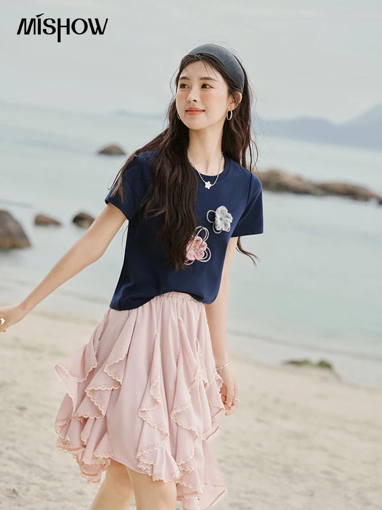 Women's Flower Beaded Short Sleeve Top | Casual Floral Embroidery Round Neck Tee