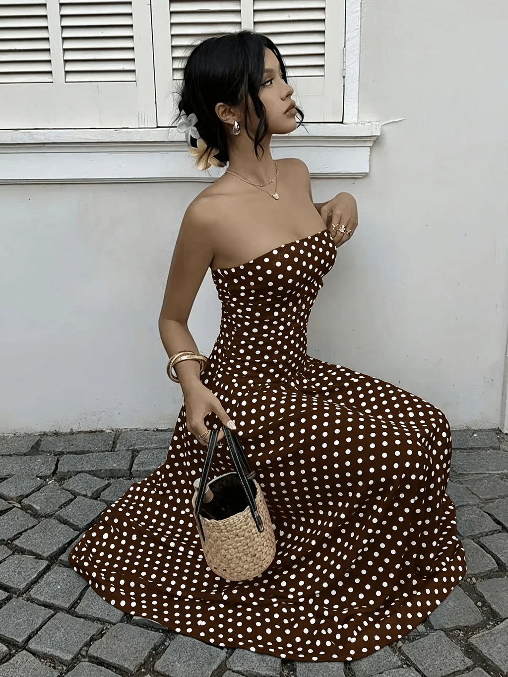Polka Dot Print Waist-Cinching Maxi Dress – Elegant Casual Sleeveless Vest Dress