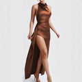 Ruched Backless Bodycon Maxi Dress – Round Neck Sexy Split Long Dress