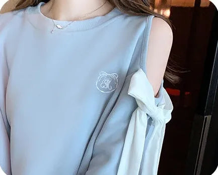 Women's Off-Shoulder Pullover Sweatshirt – Korean Harajuku Style | Pink & Blue