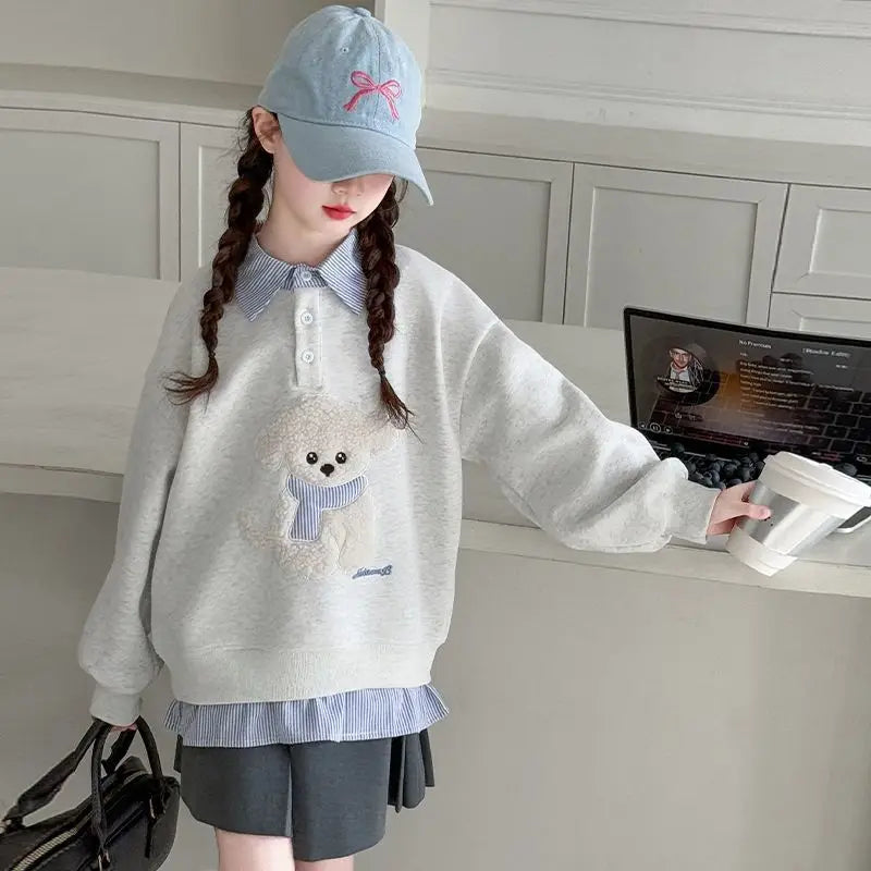 Girls Faux Two-Piece Polo Hoodie – Cartoon Puppy Sweatshirt | Sizes 120–170cm