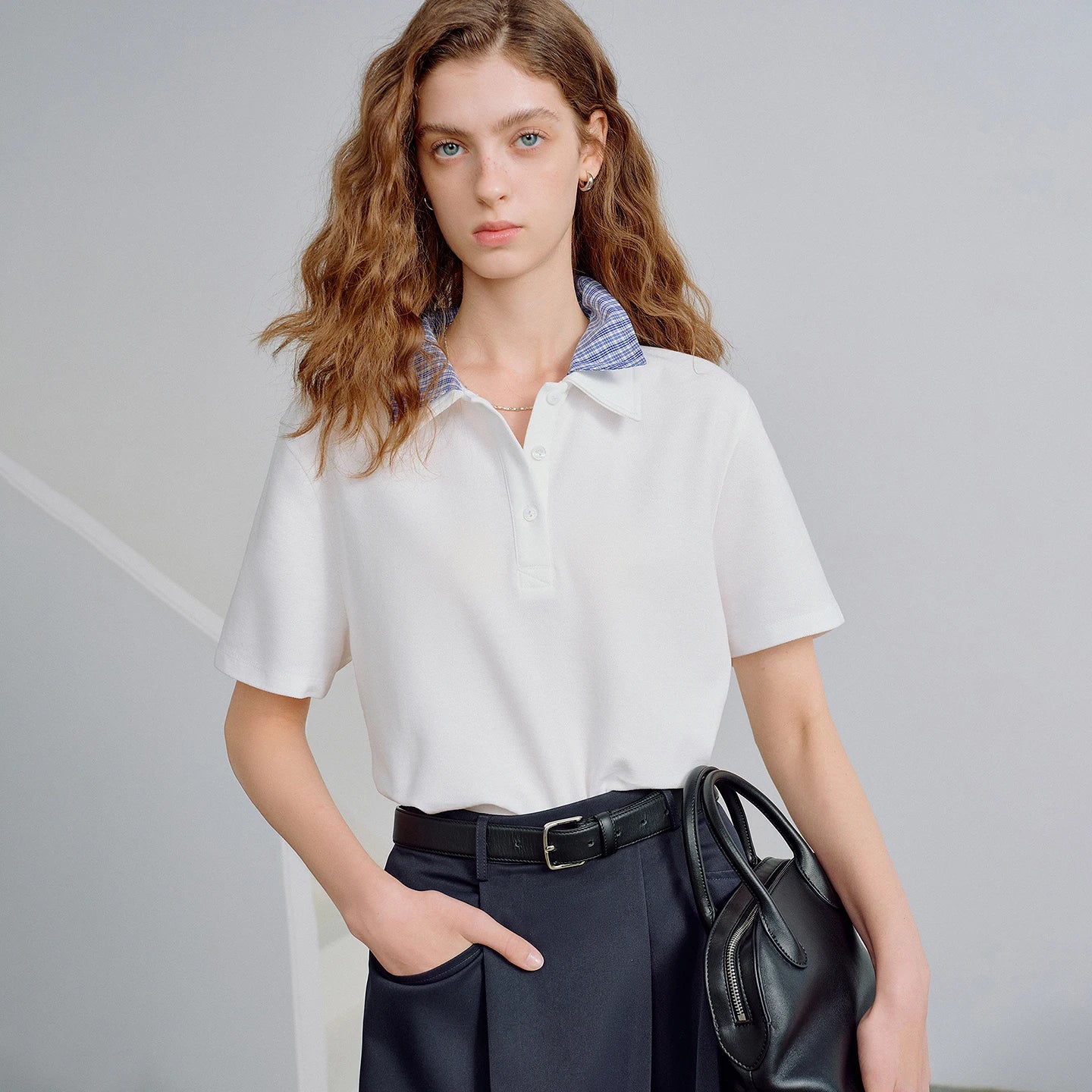 Women's Piqué Cotton Polo Top | Double Collar Niche Design Loose Short Sleeve Tee
