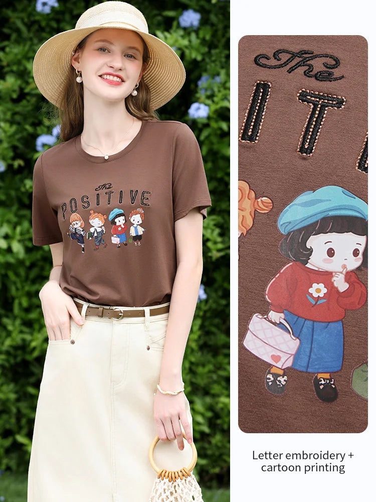 Women's Letter Embroidery Cotton T-Shirt | Casual Cool Short Sleeve Cartoon Print Top